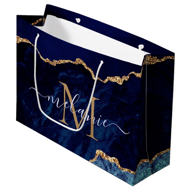 Sacola Para Presentes Grande Agate Marinho Azul Dourado Marble Name Letter Gift (Frente inclinada)