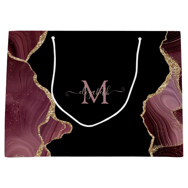 Sacola Para Presentes Grande Agato de Borgonha Glitter Dourado Elegante Na moda (Frente)