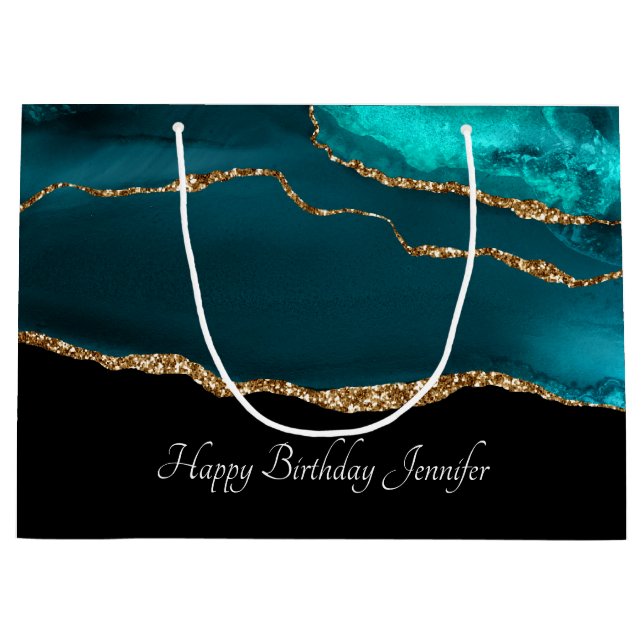 Sacola Para Presentes Grande Agato Teal Moderno de Na moda e Faixa Dourada a Pr (Frente)