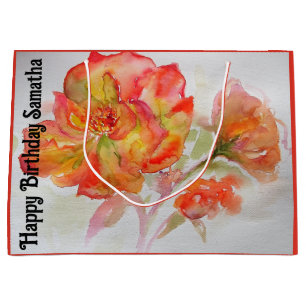 Sacola Para Presentes Grande Água de Rosa Laranja Vermelha Flor Mulher Aniversá