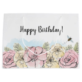 Sacola Para Presentes Grande Água-forte Floral Rosa de Aniversário