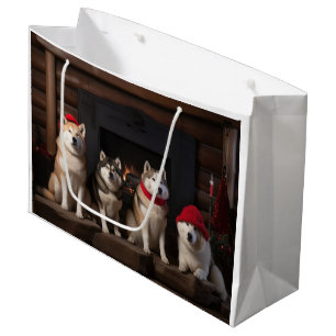 Sacola Para Presentes Grande Akita ao lado da Lareira Natal