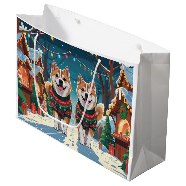 Sacola Para Presentes Grande Akita Dogs Christmas Snow Holiday (Frente inclinada)