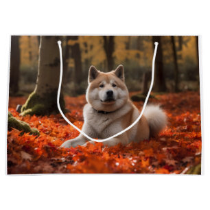 Sacola Para Presentes Grande Akita no Outono Folhas Caem Inspirado