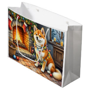 Sacola Para Presentes Grande Akita Sentado ao Lado da Lareira com Luzes de Nata