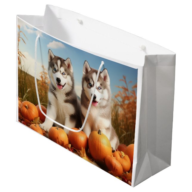 Sacola Para Presentes Grande Alaskan Malamute Puppy Autumn Delight Pumpkin (Frente inclinada)