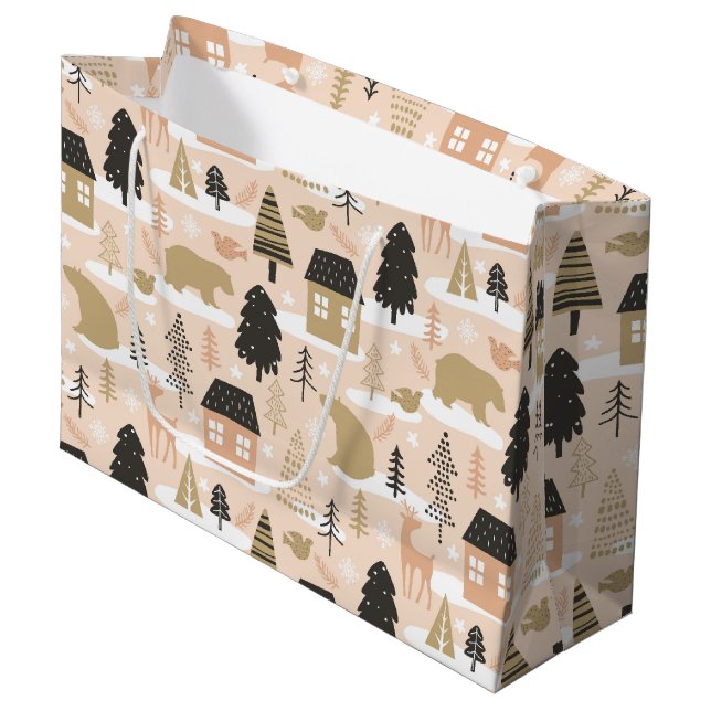 Sacola Para Presentes Grande Aldeia de Bebidas de Natal Rosa Dourada Moderna (Frente inclinada)