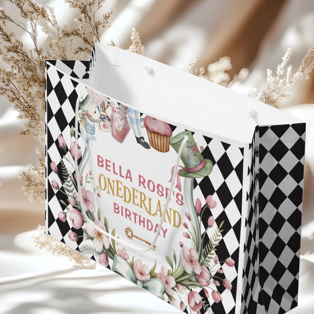 Sacola Para Presentes Grande Alice in Wonderland Flower Frame  1st birthday (Criador carregado)