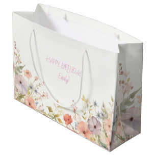 Sacola Para Presentes Grande Alicerces: Aniversário, Watercolor, branco, floral