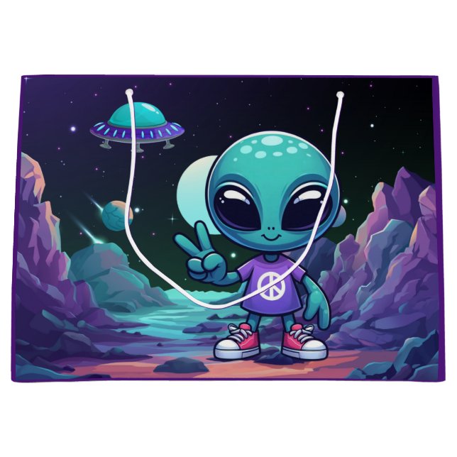 Sacola Para Presentes Grande Alienígena de paz e nave espacial (Frente)