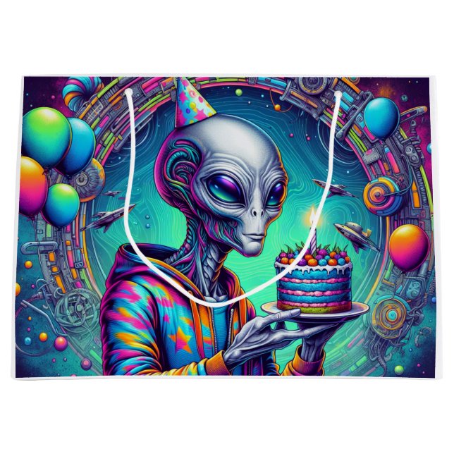 Sacola Para Presentes Grande Alienígena segurando Bolo de Aniversário (Frente)