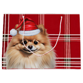 Sacola Para Presentes Grande Amante de Pomerânia Xadrez Vermelho de Natal
