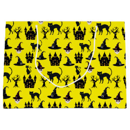SACOLA PARA PRESENTES GRANDE AMARELO COM CRÂNIOS DE HALLOWEEN PRETOS CASTELOS C