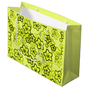 Sacola Para Presentes Grande Amarelo com padrão floral neon brilhante preto