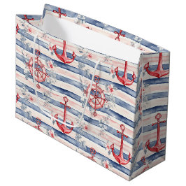 Sacola Para Presentes Grande Âncoras Florais Listras Azul Vermelho Praia Aniver