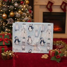 Sacola Para Presentes Grande Animais Árticos de Inverno Pinguim e Urso Polar Fo