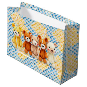 Sacola Para Presentes Grande Animais Empalhados Crochê Azul e Amarelo