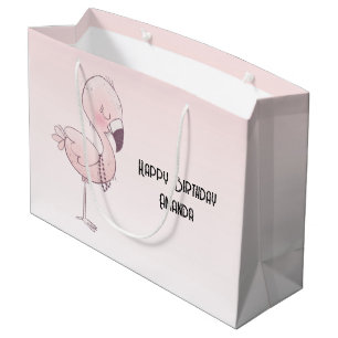 Sacola Para Presentes Grande Aniversário da Ilustração Flamingo Cor-de-Rosa