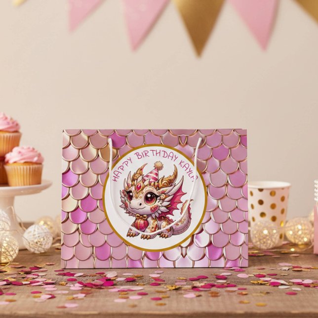 Sacola Para Presentes Grande Aniversário da Menina de Dragão Dourado e Rosa (Criador carregado)