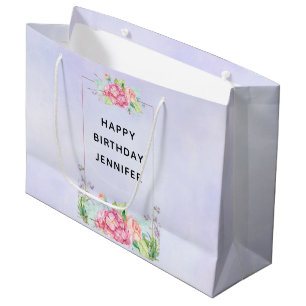Sacola Para Presentes Grande Aniversário da Moldura Floral de Cor de Água Rosa