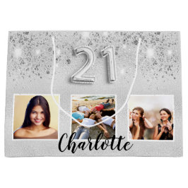 Sacola Para Presentes Grande Aniversário de 21 anos de nome de foto de brilho p
