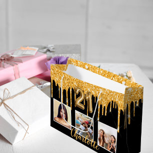 Sacola Para Presentes Grande aniversário de 21 anos preto dourado goteja foto