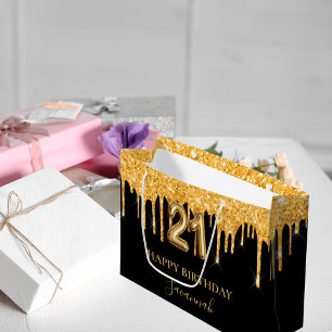 Sacola Para Presentes Grande aniversário de 21 anos preto dourado nome de drena