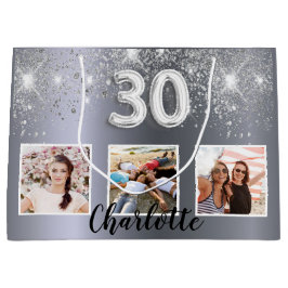 Sacola Para Presentes Grande aniversário de 30 anos prata glitter nome de foto