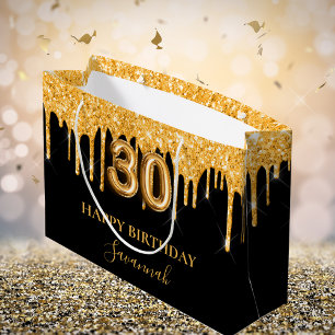 Sacola Para Presentes Grande aniversário de 30 anos preto dourado nome de drena
