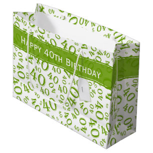 Sacola Para Presentes Grande Aniversário de 40 anos Feliz padrão verde e branco