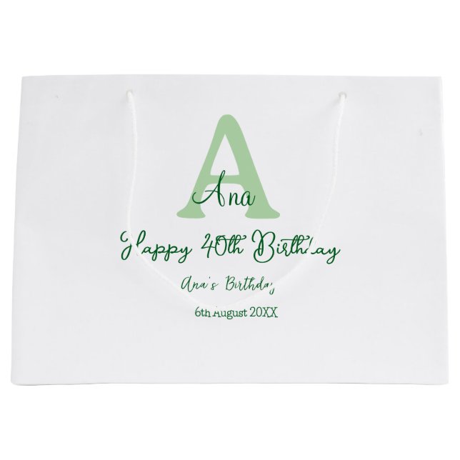 Sacola Para Presentes Grande Aniversário de 40 anos verde feliz adicionar nome  (Frente)
