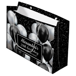 Sacola Para Presentes Grande Aniversário de Balão Preto Cinza Elegante