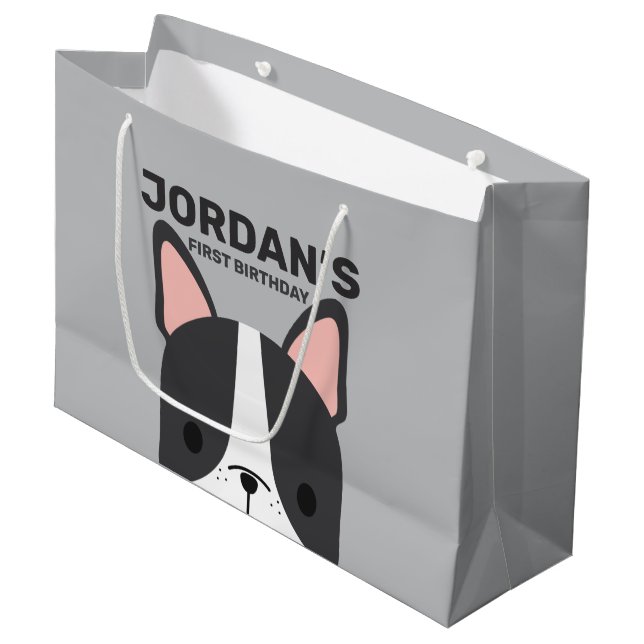 Sacola Para Presentes Grande Aniversário de Cãozinho Francês (Frente inclinada)