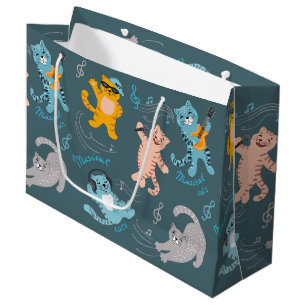 Sacola Para Presentes Grande Aniversário de criança de Padrão de Gatos Musicais