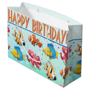 Sacola Para Presentes Grande Aniversário de criança de Peixes Tropicais Colorid