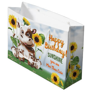 Sacola Para Presentes Grande Aniversário de criança Sunflower Cow de Jersey