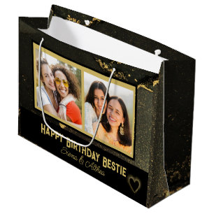 Sacola Para Presentes Grande Aniversário de Foto Dourada e Preta do Melhor Amig