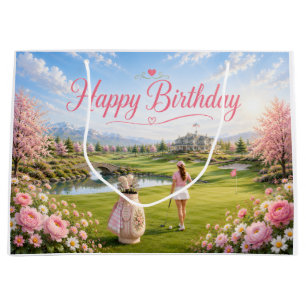 Sacola Para Presentes Grande Aniversário de Golfe Mulher Golfista no Campo de G