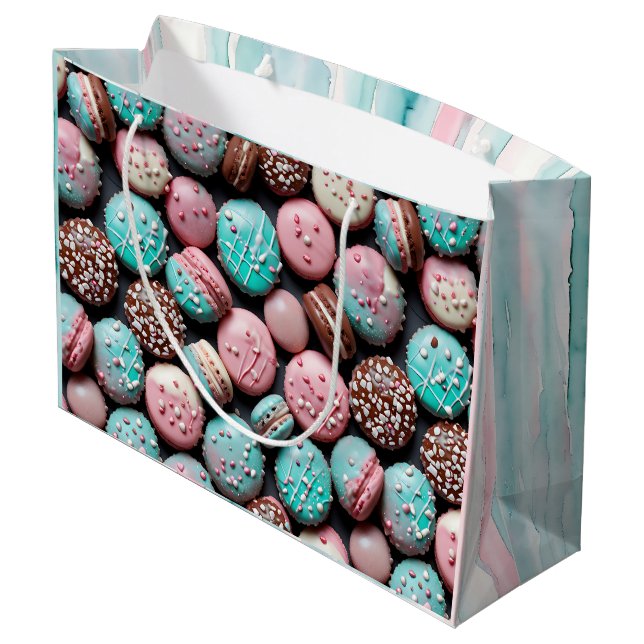 Sacola Para Presentes Grande Aniversário de Macaron Rosa e Turquesa (Verso inclinado)