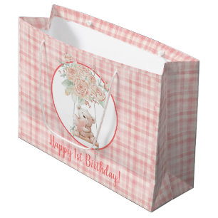 Sacola Para Presentes Grande Aniversário de Xadrez Rosa-Rosa-Rosa-Urso-Bonito