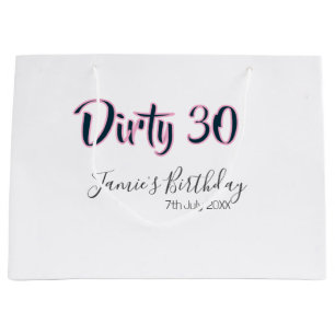 Sacola Para Presentes Grande Aniversário Dirty 30 nome data rosa cinza caligraf