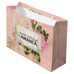 Sacola Para Presentes Grande Aniversário do Buquê Rosa Rosa Rosa e Branco