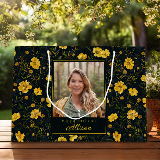 Sacola Para Presentes Grande Aniversário do Flor Amarelo do Copo Amarelo Elegan