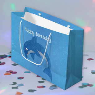 Sacola Para Presentes Grande Aniversário do Golfinho Branco Azul Brilhante