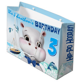 Sacola Para Presentes Grande Aniversário do Menino Azul do Hipopótamo