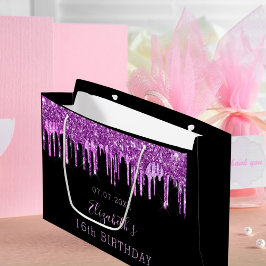 Sacola Para Presentes Grande Aniversário do monograma roxo púrpura cor-de-rosa