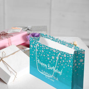 Sacola Para Presentes Grande Aniversário do Tedal Azul, nome brilhante verde