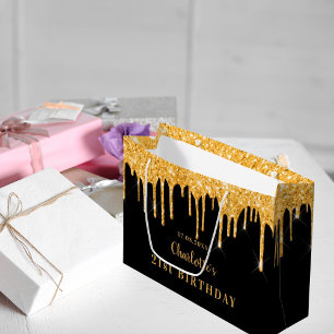 Sacola Para Presentes Grande Aniversário dourado preto brilha nome elegante