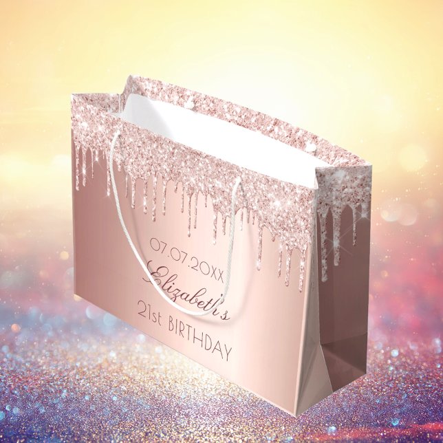 Sacola Para Presentes Grande Aniversário esfregando rosa dourado pinga nome (Criador carregado)