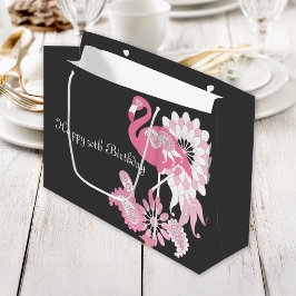 Sacola Para Presentes Grande Aniversário Fantasioso Moderno Flamingo Rosa Preto